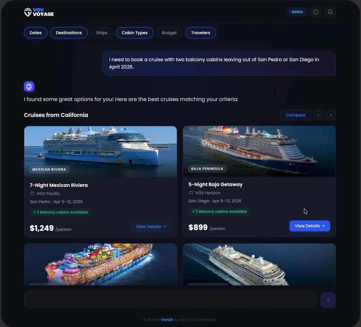 GenUI discovery flow from the prototype, filter chips for dates, destinations and cabin types above cards for cruises from California with ship photos, prices and View Details buttons
