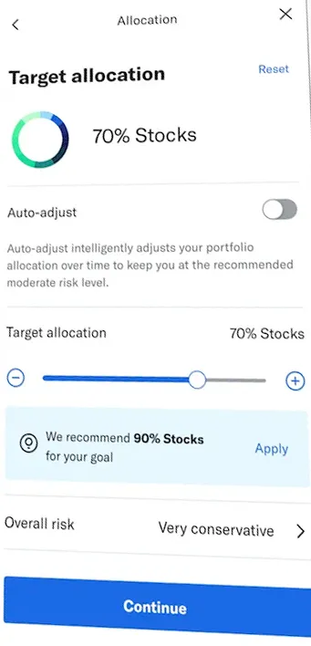 Betterment’s Target allocation screen: 70% stocks, a recommendation of 90%, and the Continue button