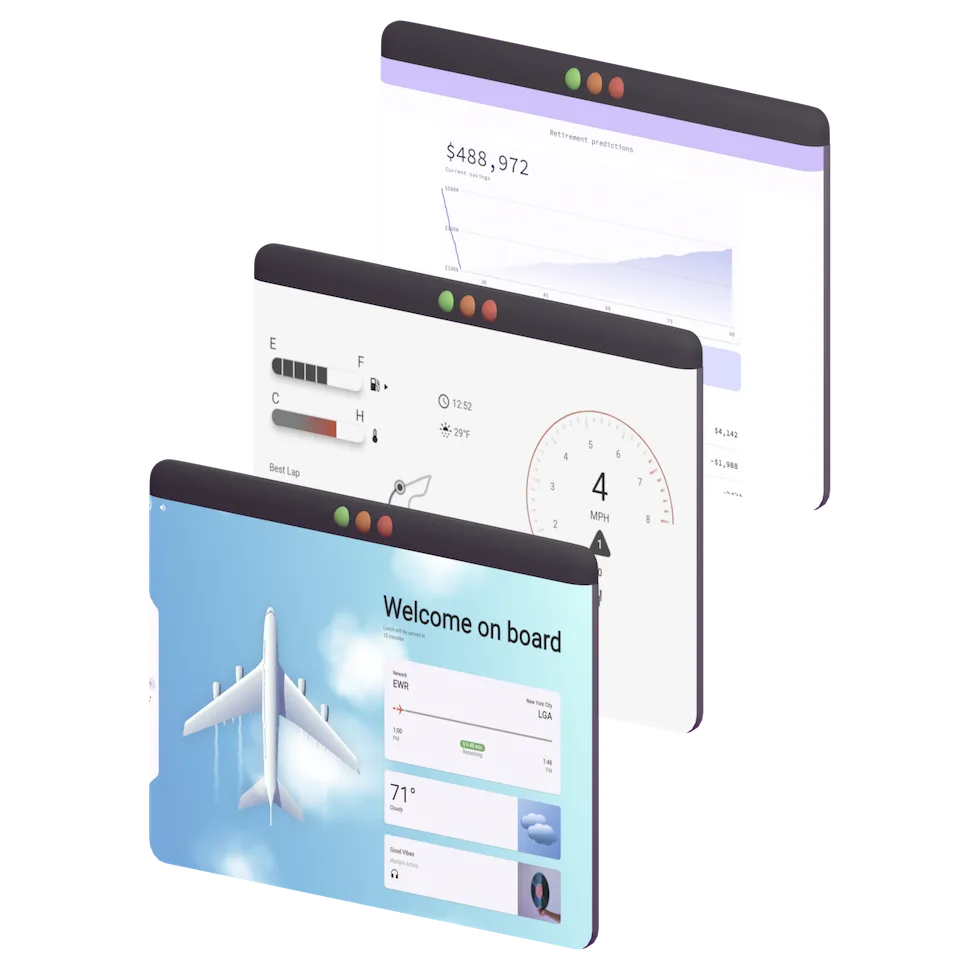 The three open source Flutter demos from Very Good Engineering: Financial Dashboard, Vehicle Cockpit, and Airplane Entertainment System