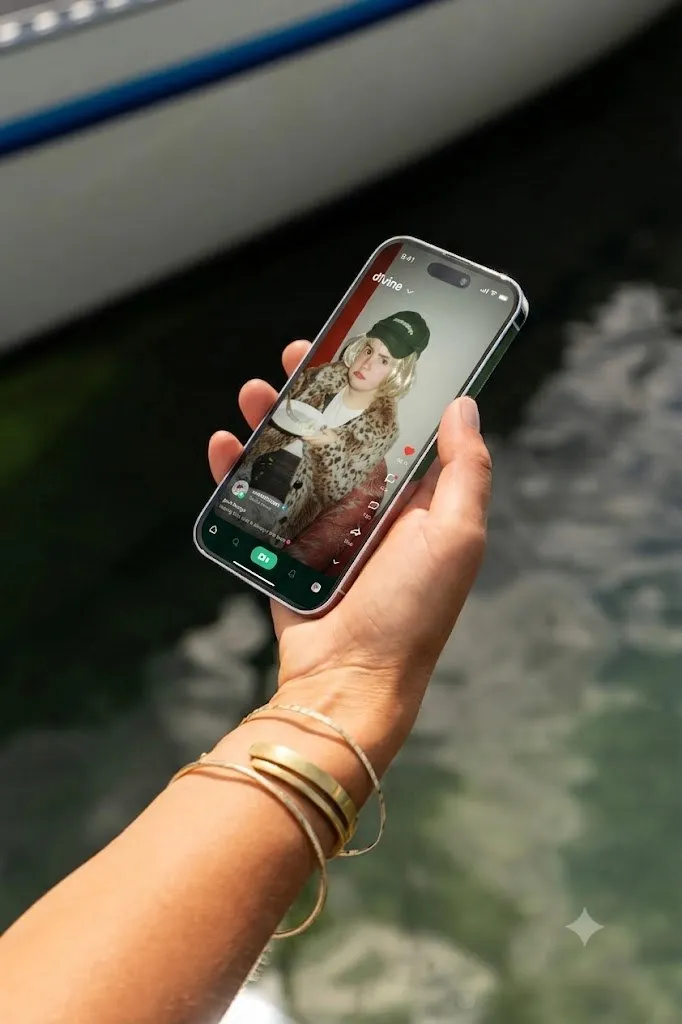 Divine’s app playing a video on a phone held in one hand