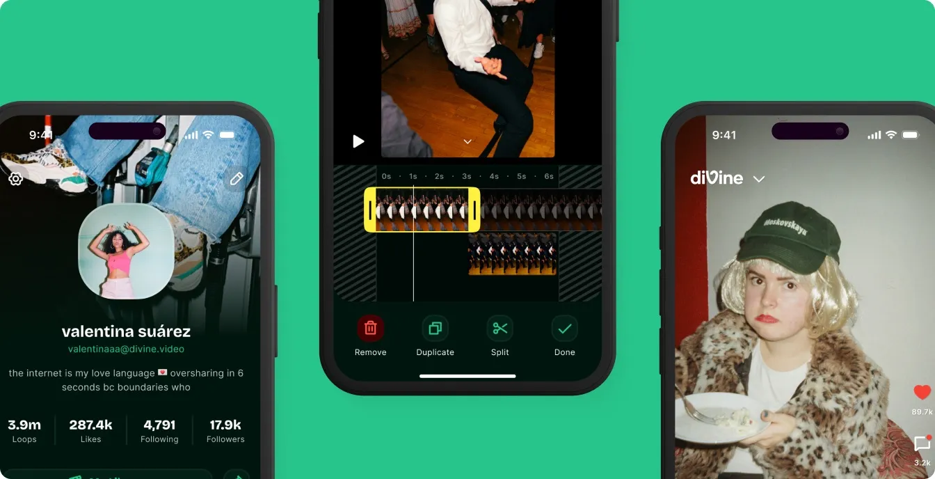 Divine short-form video app screens showing profile, video editor, and story views