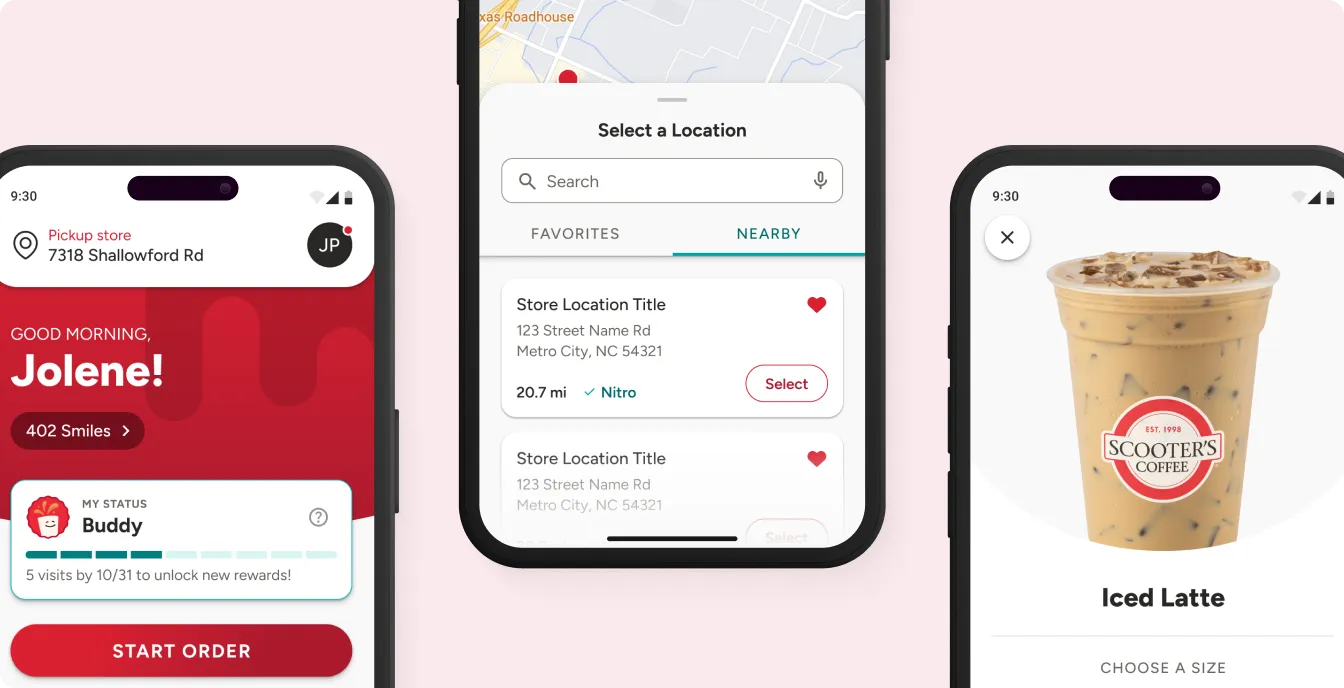 Scooter's Coffee mobile app screens showing menu, ordering, and loyalty features
