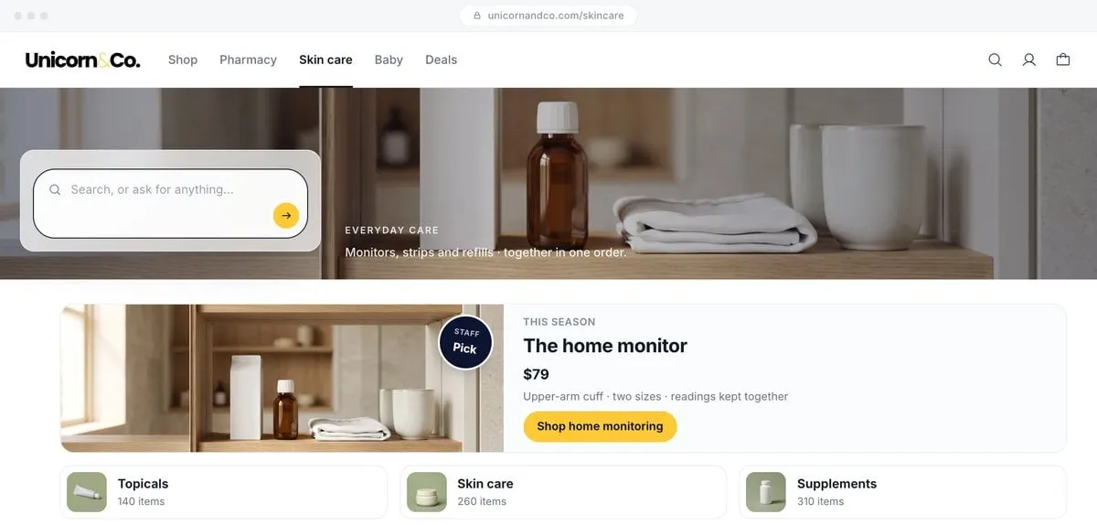 A pharmacy storefront in the demo: a search bar over the hero, a featured home monitor, and products below