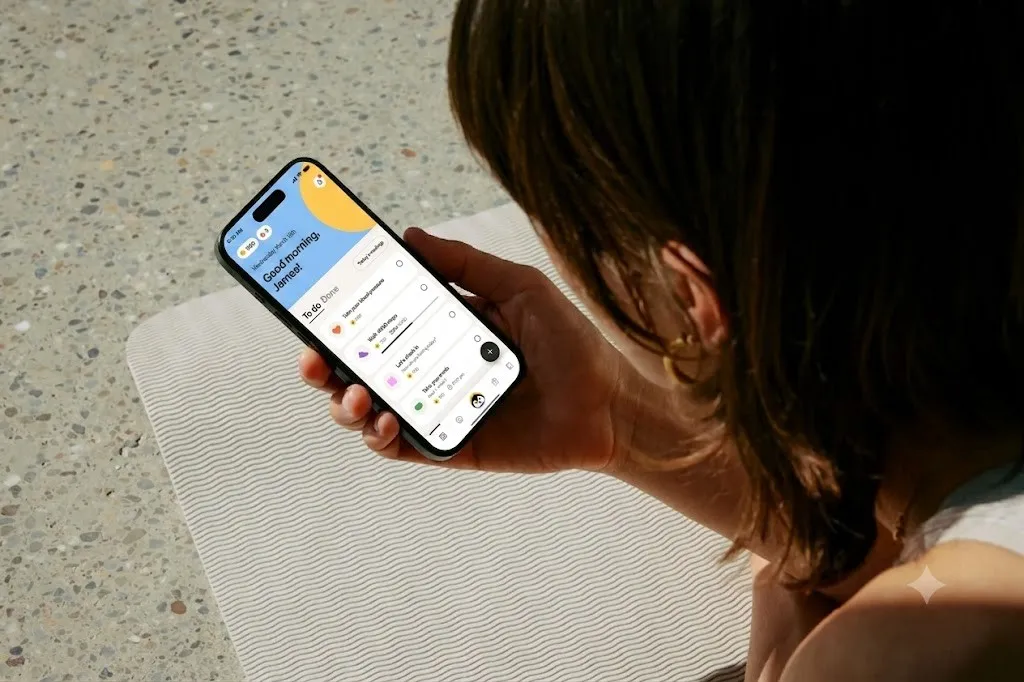 A hand holding a phone with an app open
