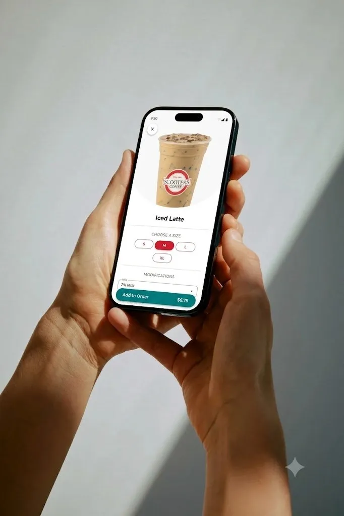 Two hands holding a phone open on an iced latte in the Scooter’s Coffee app
