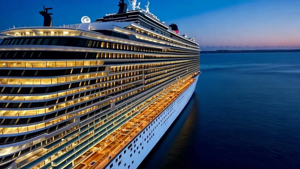 A cruise ship at sea at dusk, its decks lit