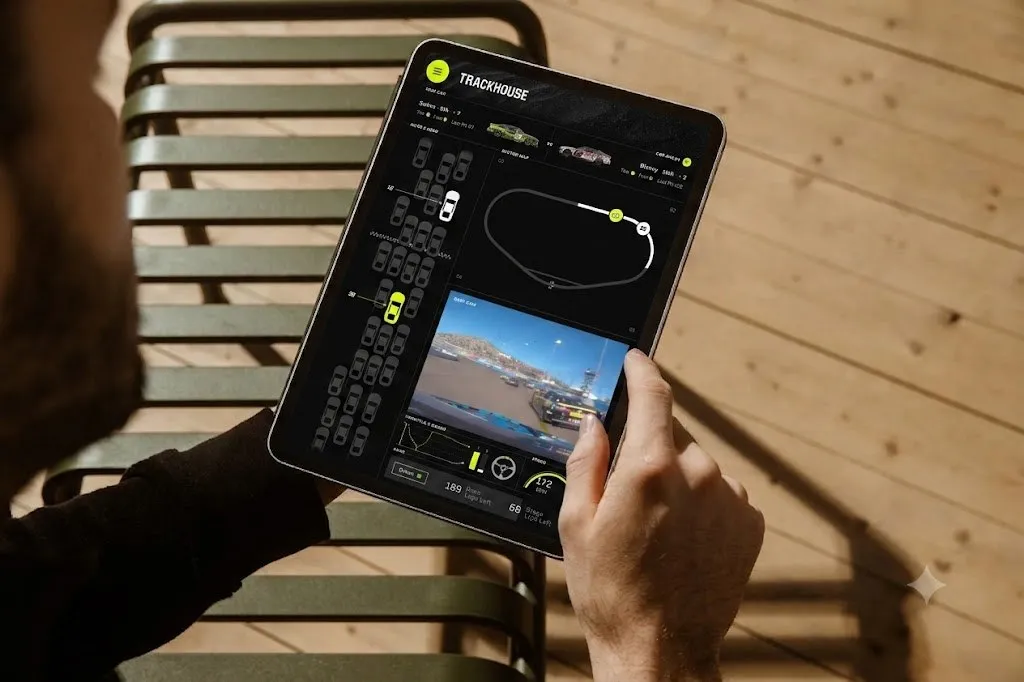Hands holding an iPad with the Trackhouse race-day app showing the track map and live video