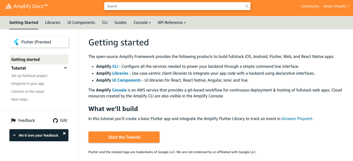 Screenshot of Amplify Flutter documentation