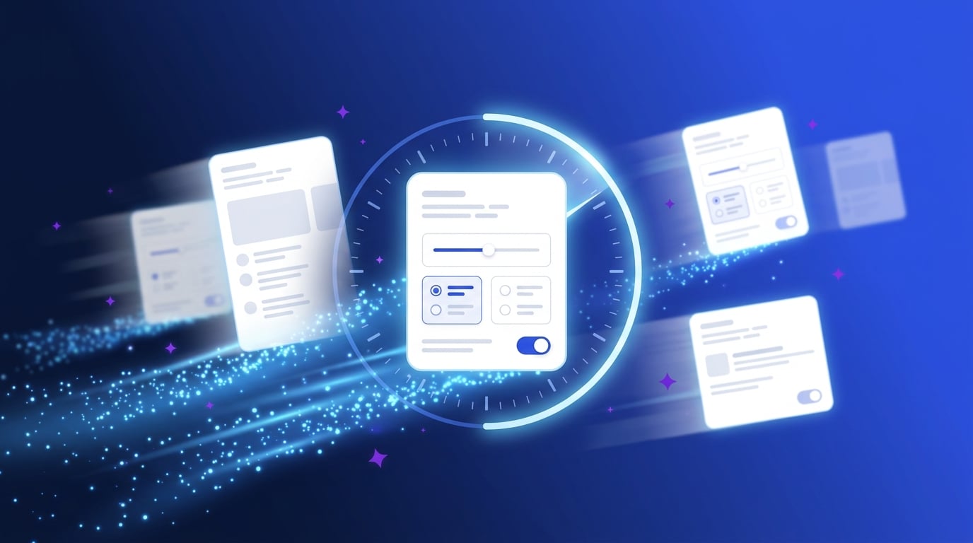 App UI cards with sliders, radio options, and toggles forming from a stream of blue particles inside a stopwatch ring, representing LLMs generating GenUI interfaces in a speed benchmark