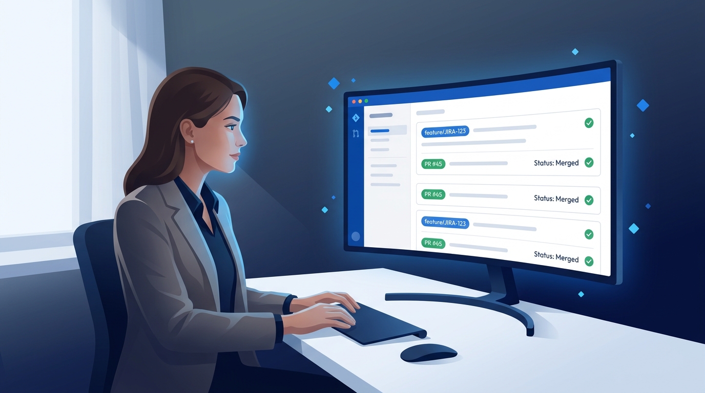 A product manager reviewing a pull request on a repository dashboard, illustrating PM and engineering collaboration in GitHub