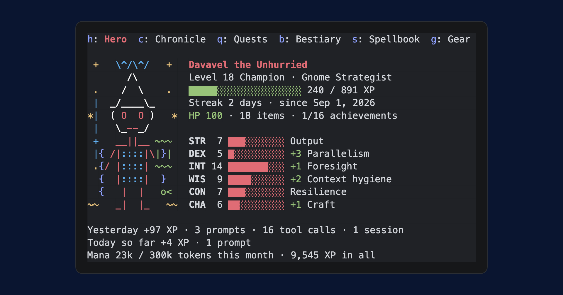 Questline, a Claude Mod built by Very Good Ventures: a role-playing game pane that turns a developer's own Claude Code sessions into a hero with levels and habit attributes