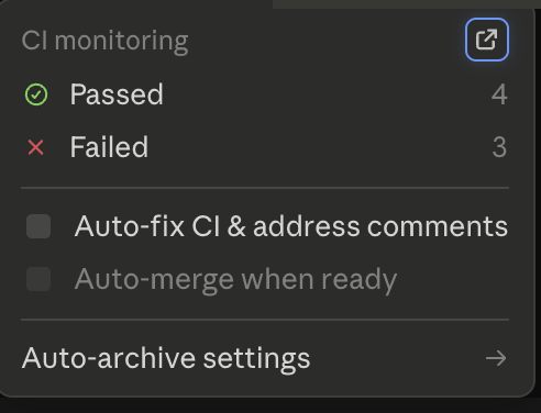 Claude Code Desktop PR controls showing CI status and review comment actions at the top of a session