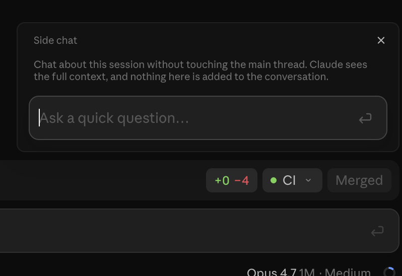 Claude Code Desktop side chat for branching conversations without interrupting the main agent session