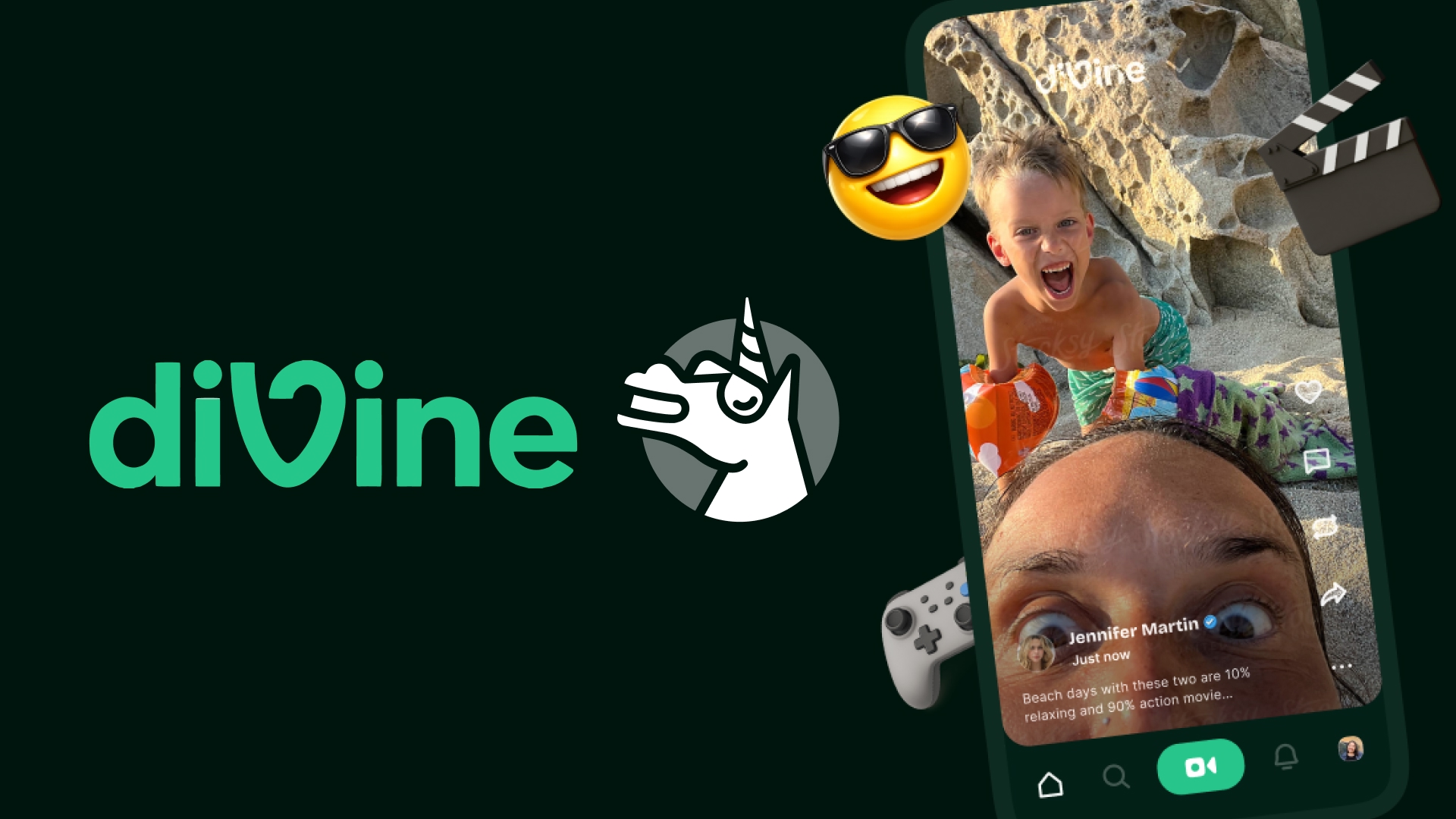 diVine app launch artwork showing the diVine wordmark and unicorn mascot alongside a phone displaying a six-second video on the diVine human-only video network