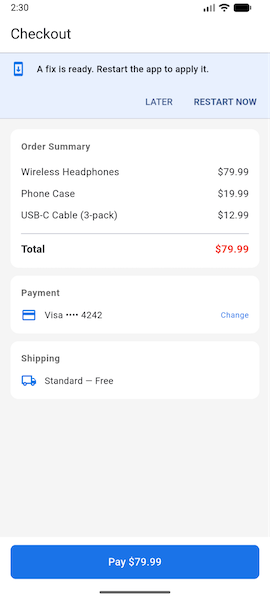 Shorebird downloaded the two-line Dart fix silently in the background. One tap and a restart — no update prompt from the store, no waiting for review.