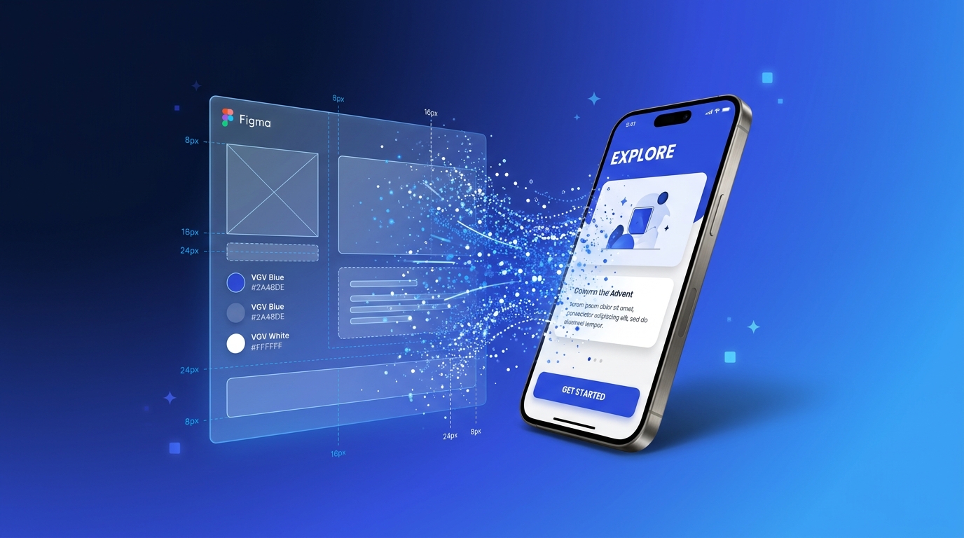 Figma design panel transforming into a Flutter mobile app with AI assistance
