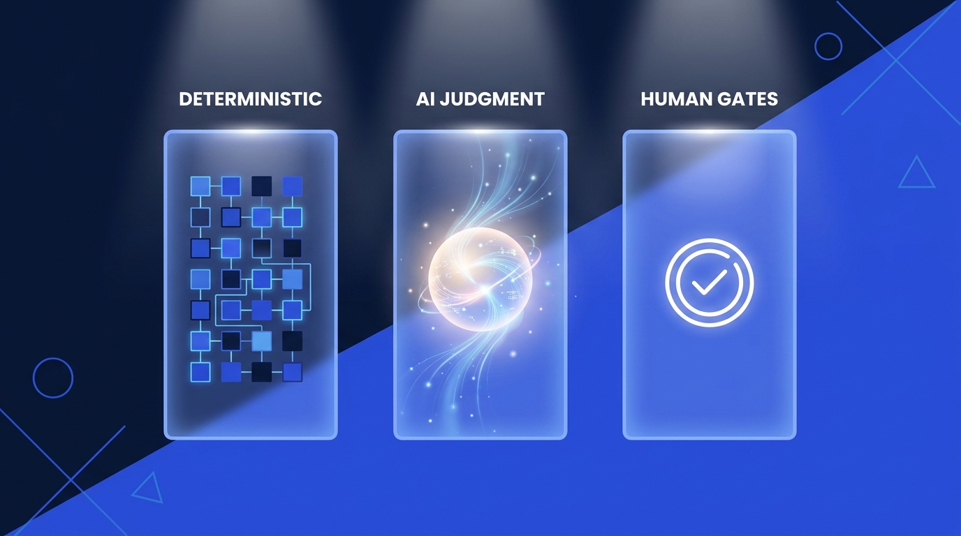 Three-pillar diagram of deterministic steps, AI judgment, and human gates in the Figma to Flutter Claude Code skill