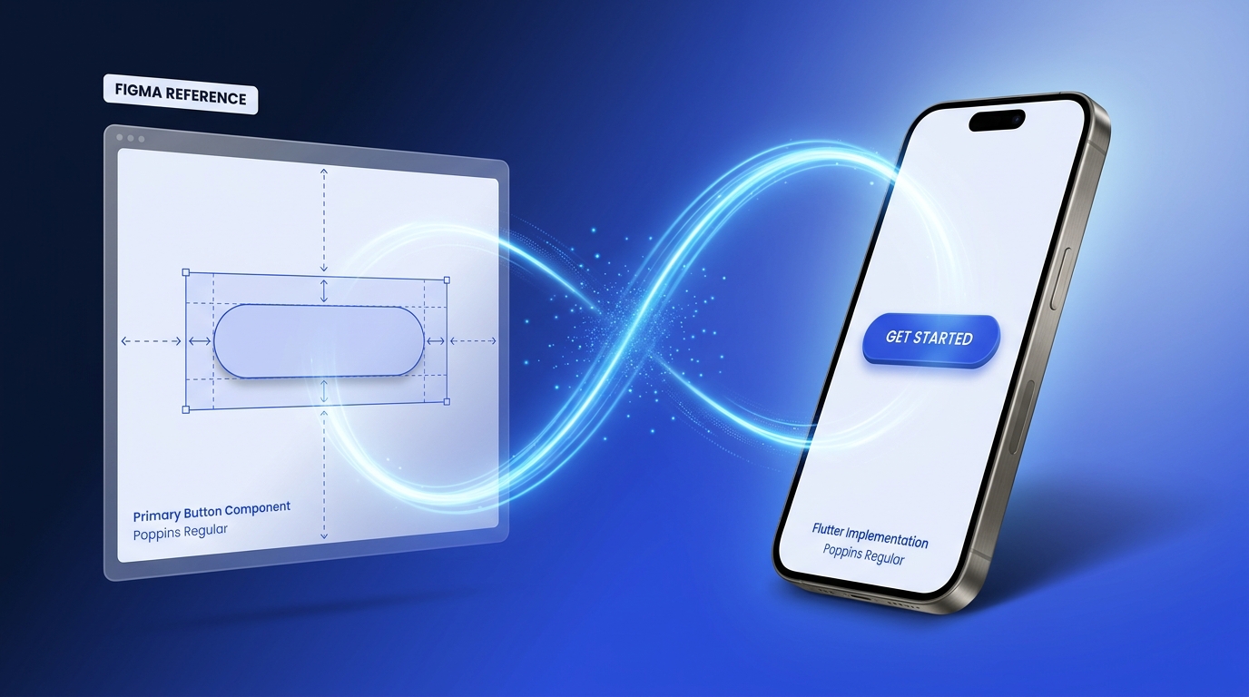 Iterative AI visual comparison loop between a Figma reference and a rendered Flutter widget on a smartphone