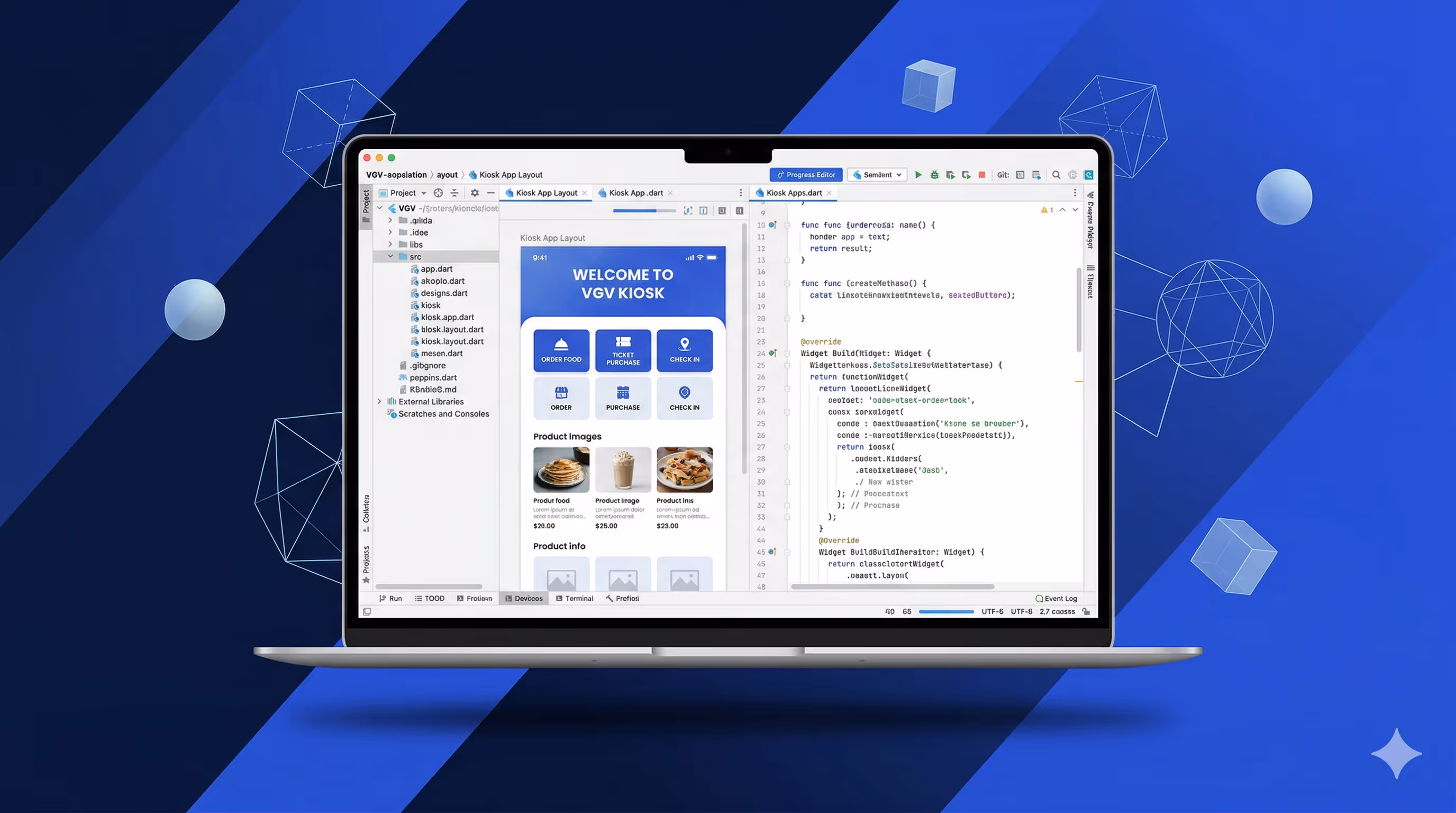 Pencil design tool embedded in IDE showing Flutter kiosk app design alongside Dart code for AI-assisted development