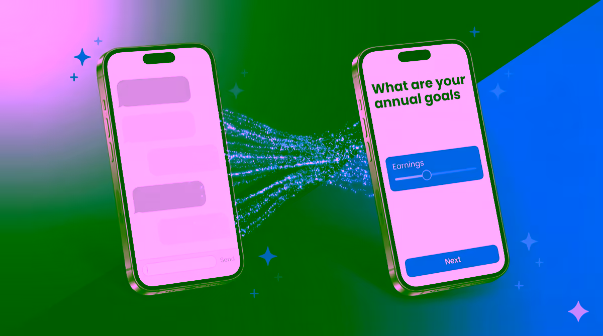 Standard chat UI vs. GCN generative UI wizard — Flutter mobile side-by-side of AI chat and structured wizard