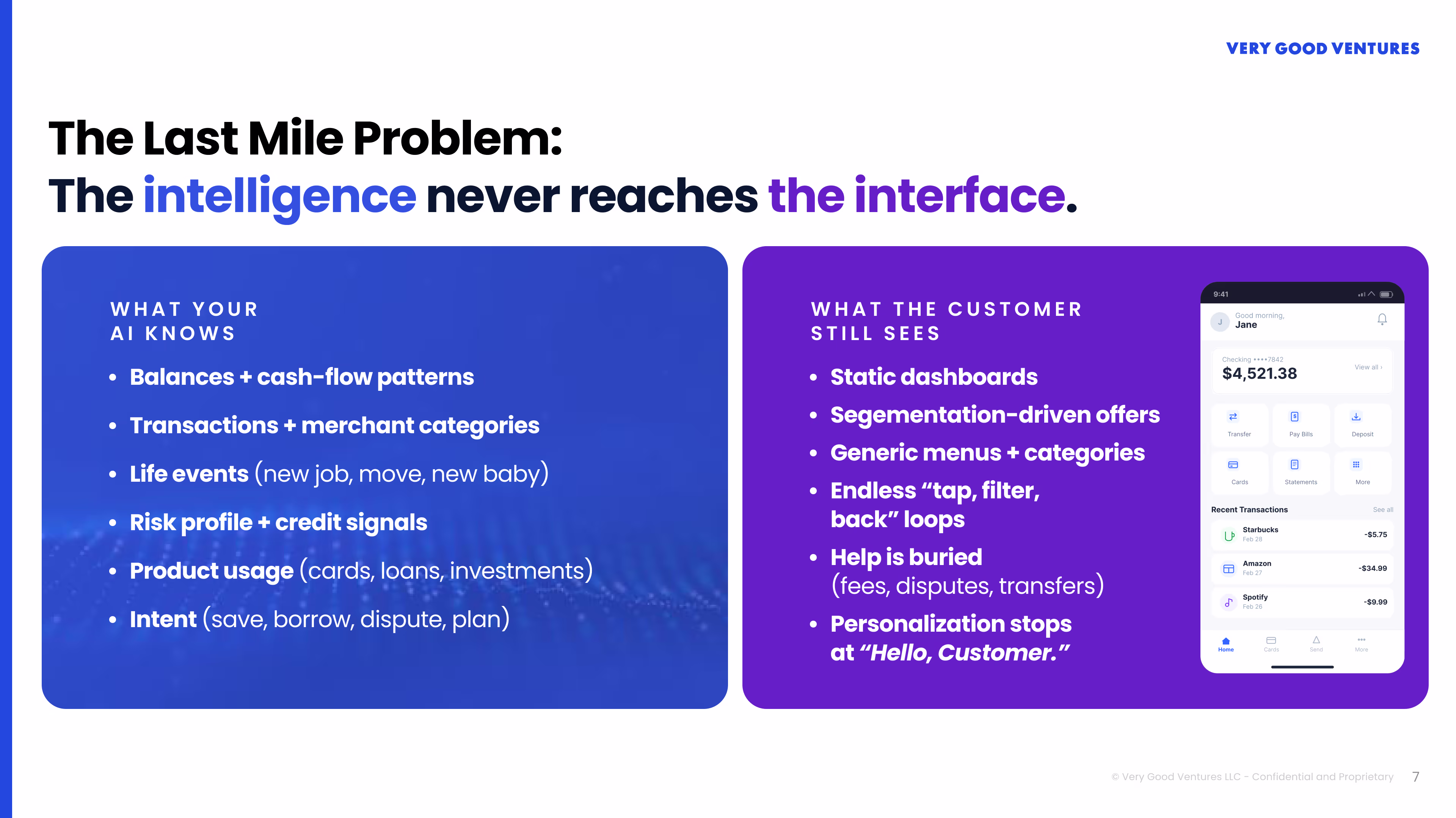 The Last Mile Problem: The intelligence never reaches the interface. What your AI knows: balances, cash-flow patterns, life events, risk profile, product usage, intent. What the customer still sees: static dashboards, generic menus, personalization that stops at "Hello, Customer."