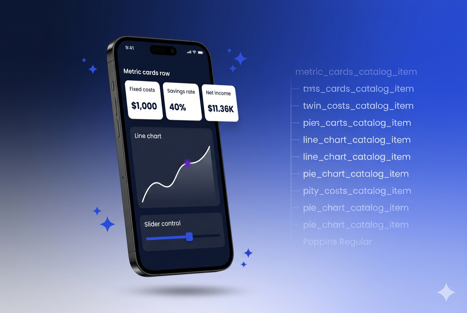 Life Goal Simulator financial widget catalog on iPhone — metric cards, line chart, and slider components from the 26-item Flutter GenUI catalog rendered as a production financial planning UI