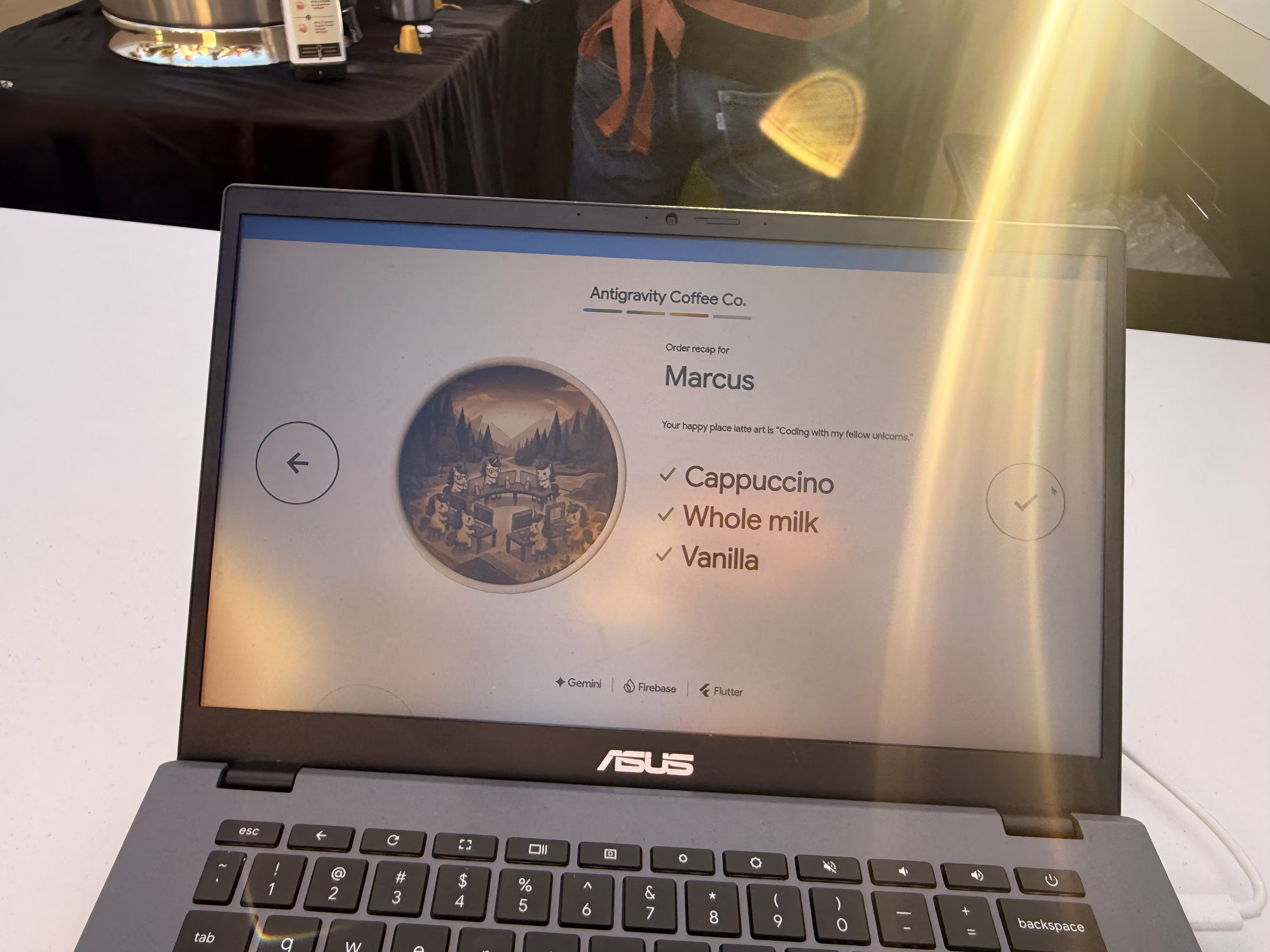 The order confirmation for a cappuccino with custom AI-generated latte art, powered by Gemini, Firebase, and Flutter.