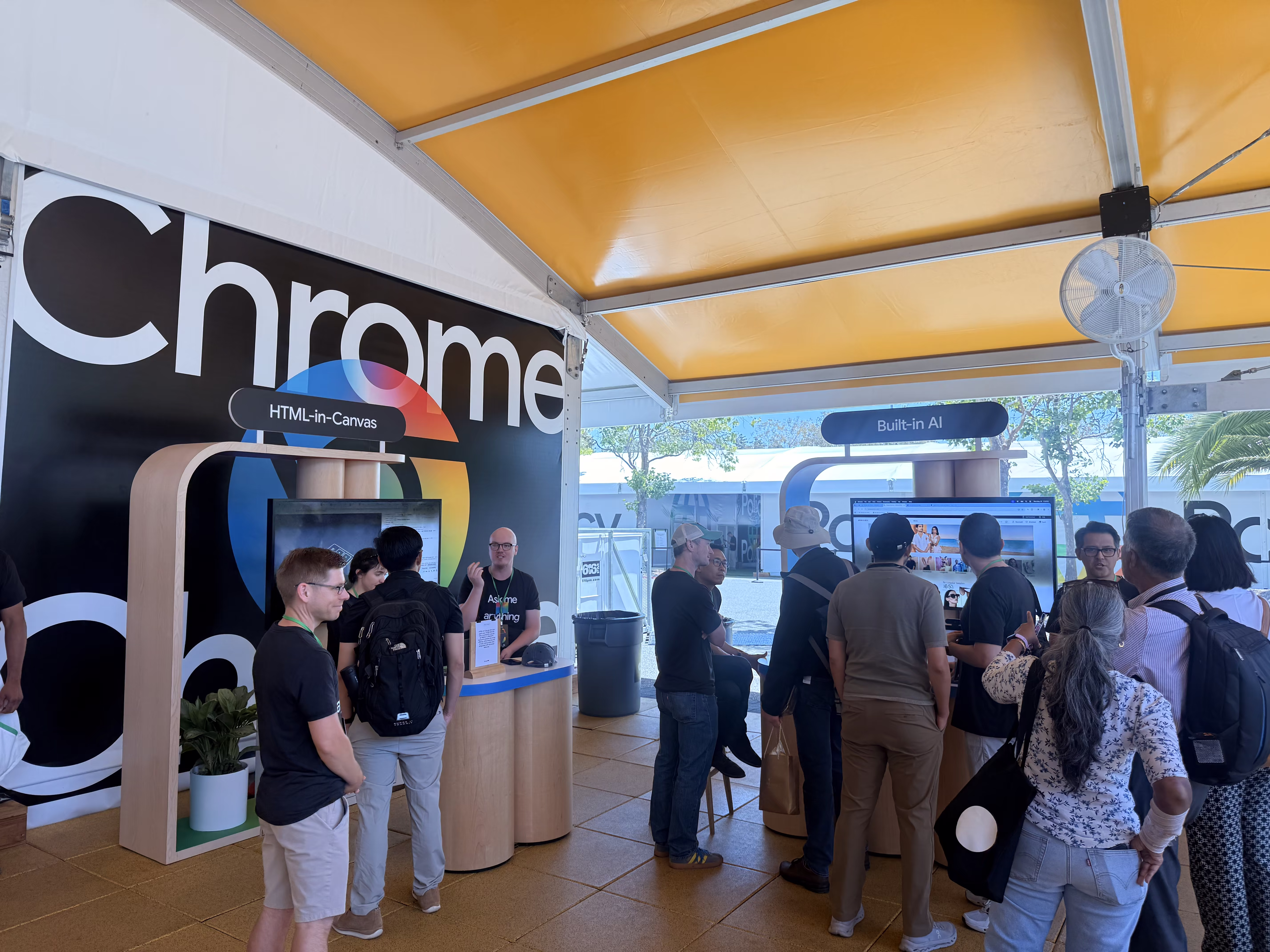 Chrome booth demoing HTML-in-Canvas and Built-in AI APIs at Google I/O 2026.