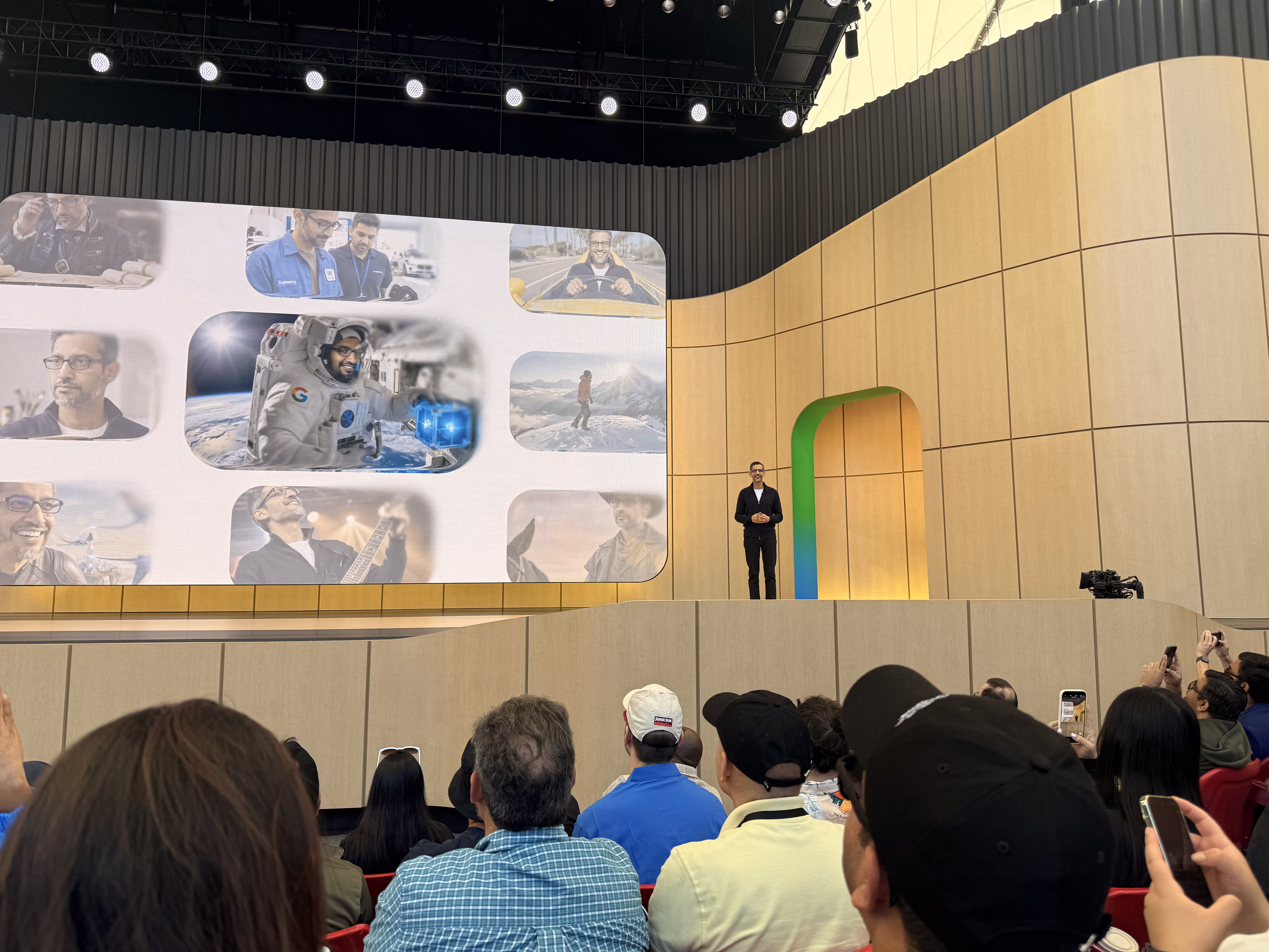 Sundar Pichai on stage during the Google I/O 2026 keynote at Shoreline Amphitheatre.