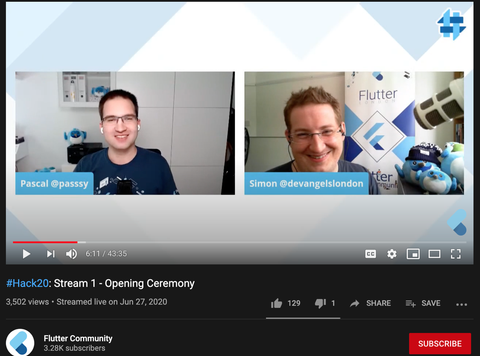 Screenshot of the Hack20 Opening Ceremony on the Flutter Community Youtube Channel
