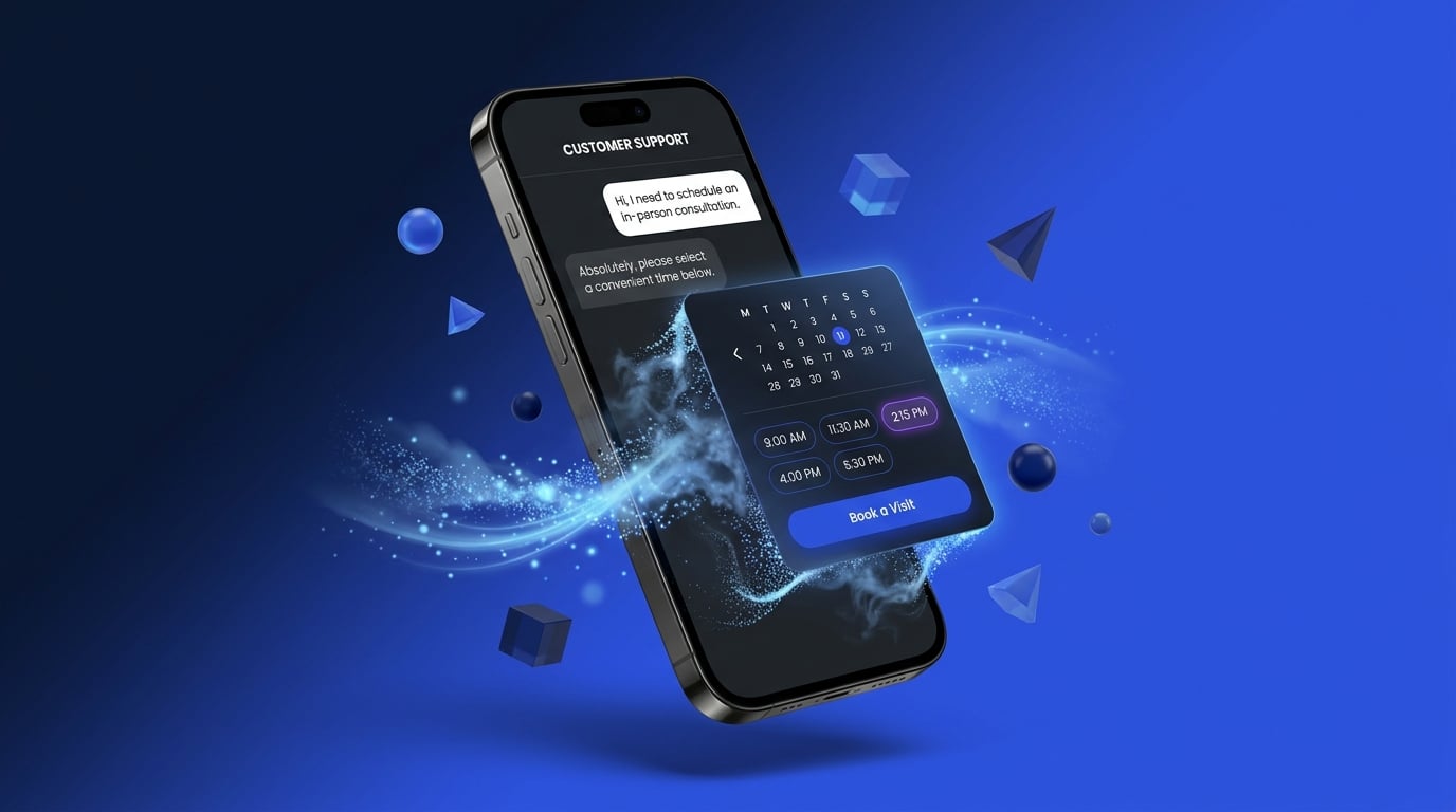 Generative UI booking card inside a customer support chat, letting a customer pick an appointment time