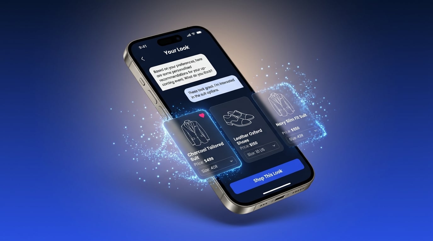 Personalized shopping assistant recommending a suit and shoes with sizes and prices inside a chat conversation