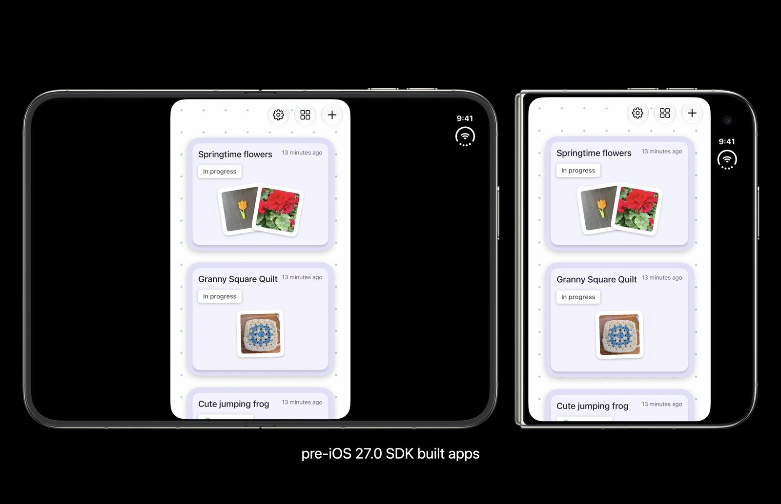 An app built with a pre-iOS 27 SDK running letterboxed on the open iPhone Duo, with black bars on both sides, next to the same app on the folded outer screen