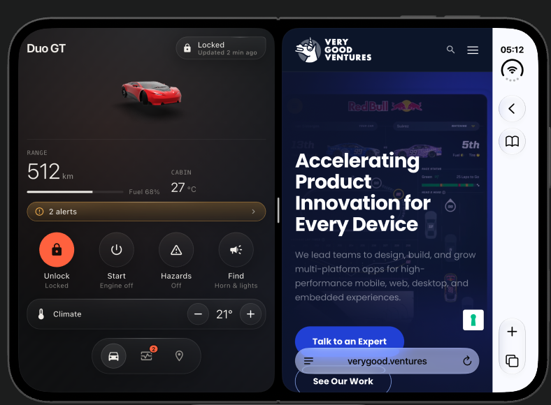 Duo GT, a Flutter car companion demo app, running in split view next to the Very Good Ventures website in Safari on the open iPhone Duo