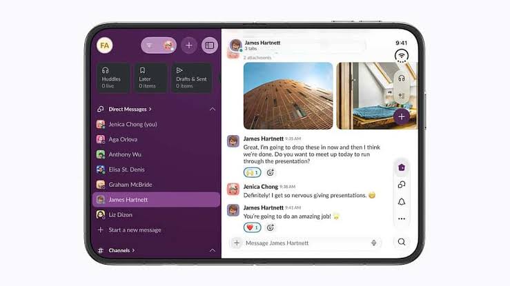 A messaging app on the open iPhone Duo in a split view, with direct messages and channels on the left and the open conversation on the right