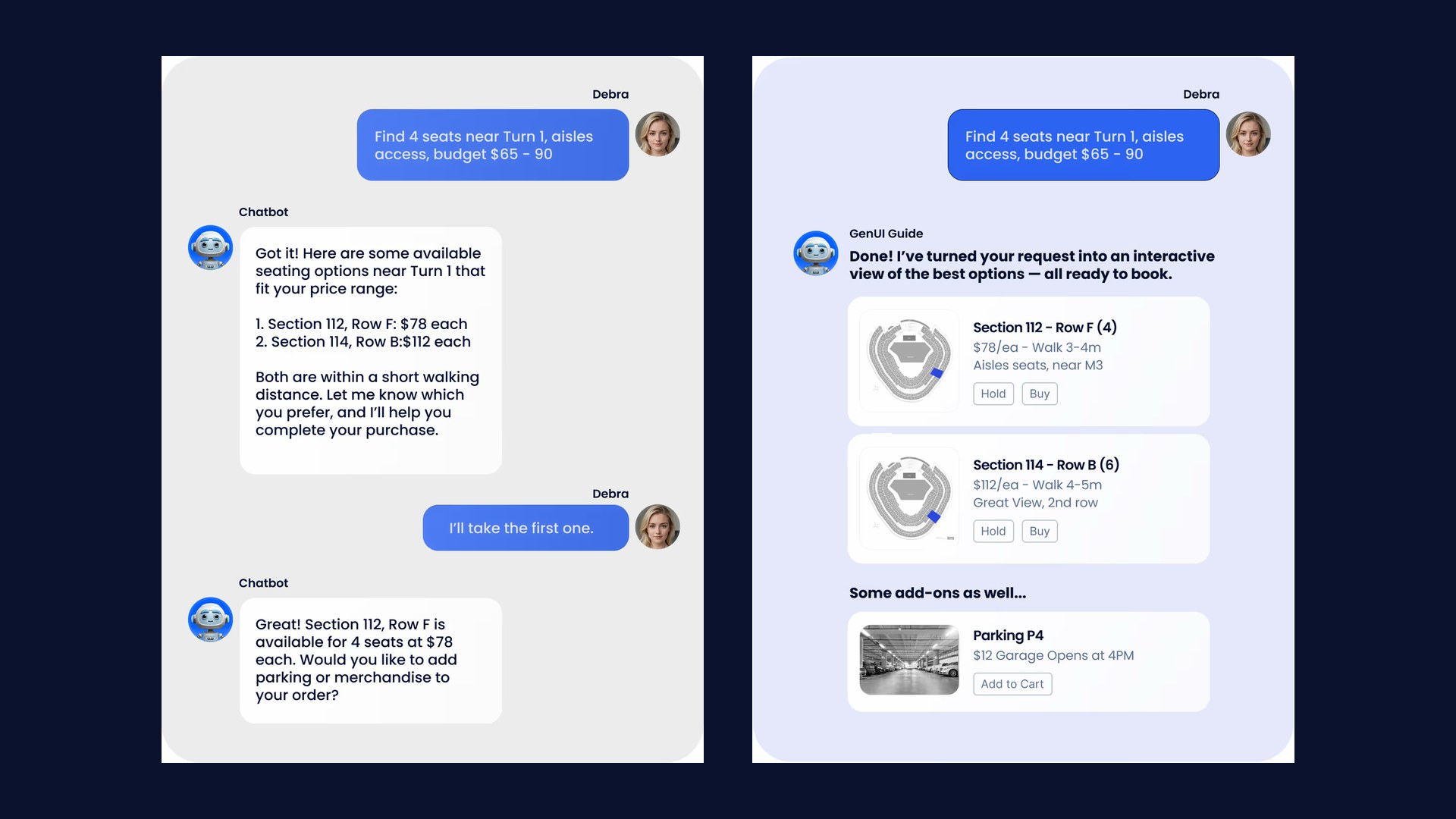 The same seat-booking request answered two ways, a plain chatbot reply listing options on the left and a generated interface with seat maps, prices, and booking actions on the right