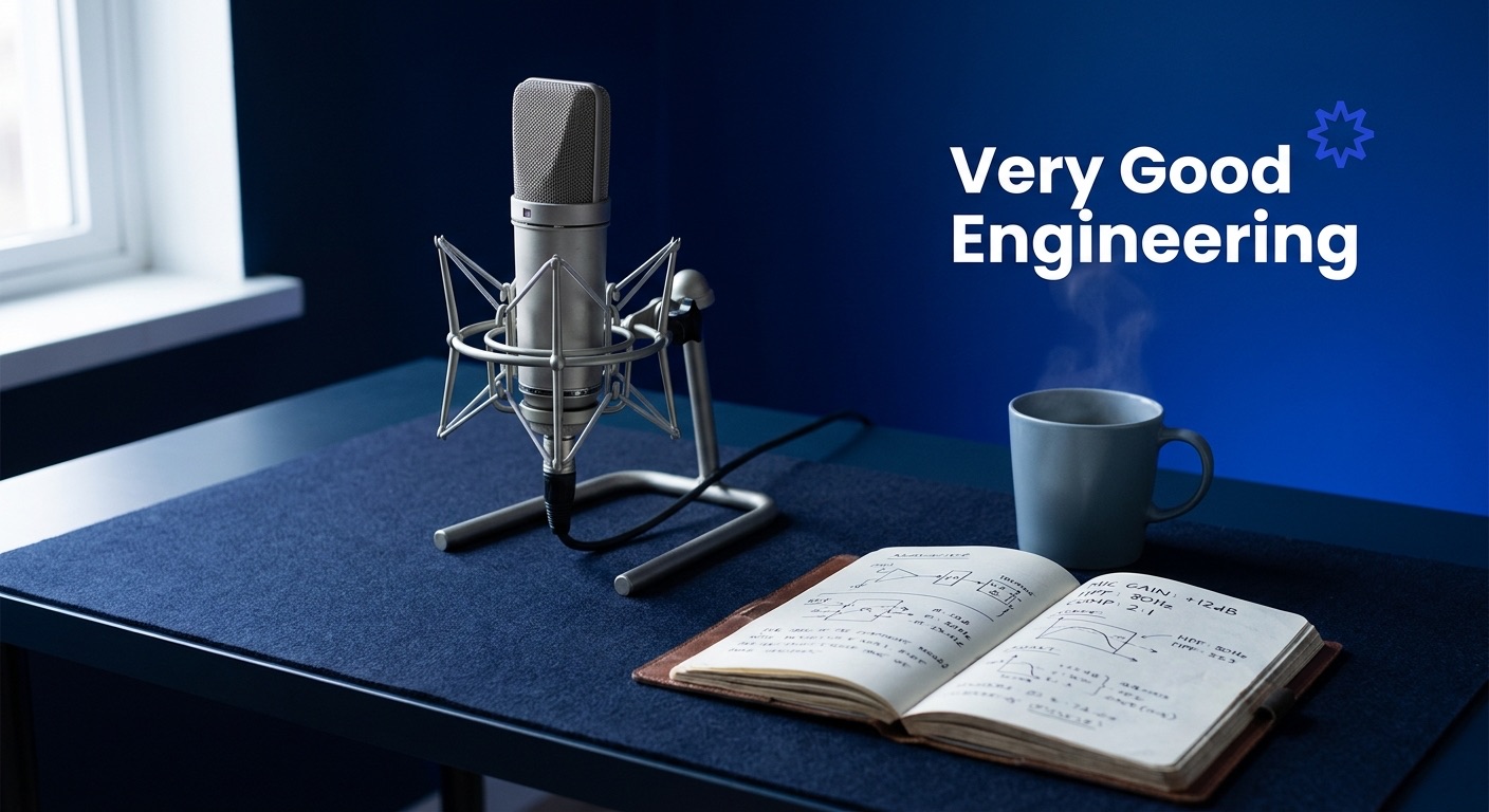Very Good Engineering podcast launch — a recording desk with microphone and notebook, representing the practitioner-focused engineering podcast from Very Good Ventures