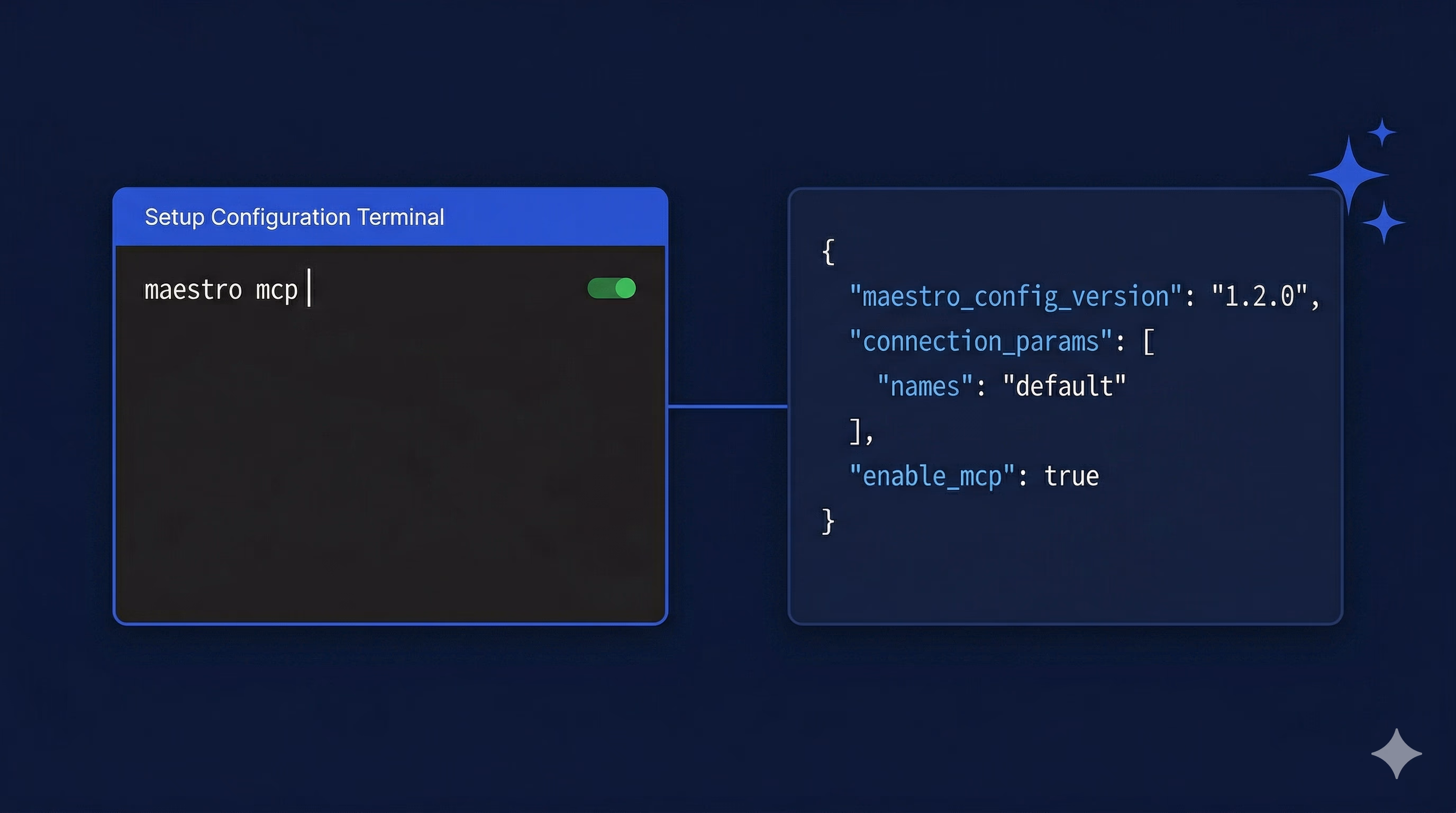 Maestro MCP setup — terminal running maestro mcp command and Claude Desktop JSON configuration file for connecting Maestro to Claude