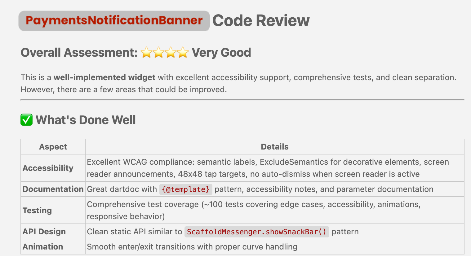 Split-view code review interface showing Dart widget code with Claude Code accessibility feedback and suggestions — representing VGV AI Flutter Plugin's accessibility skill enhancement