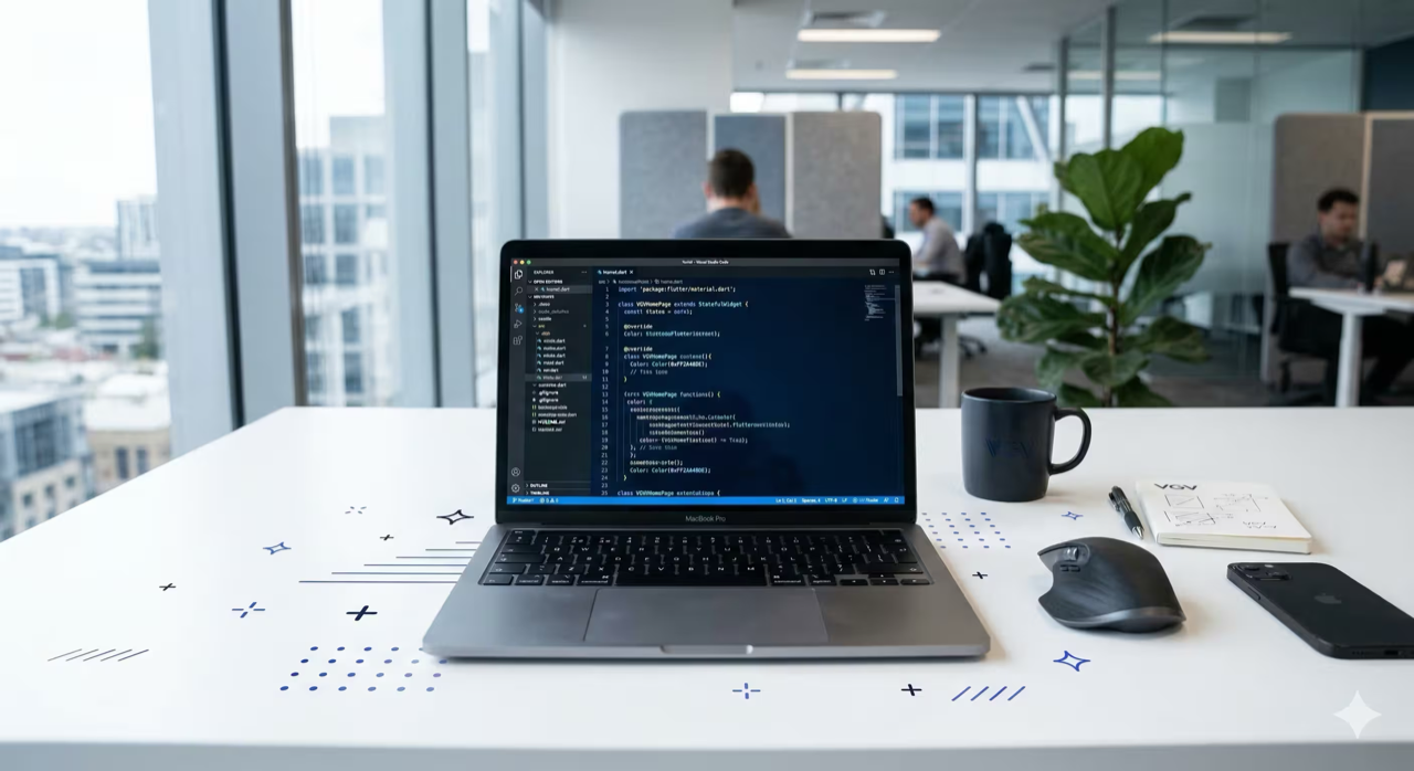 Sleek laptop displaying Flutter code with VGV Blue geometric accents