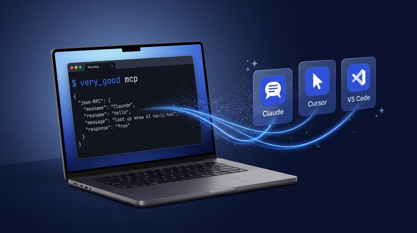 Very Good CLI MCP server terminal displaying the very_good mcp command connecting to Claude Desktop, Cursor, and VS Code — Model Context Protocol Flutter CLI integration