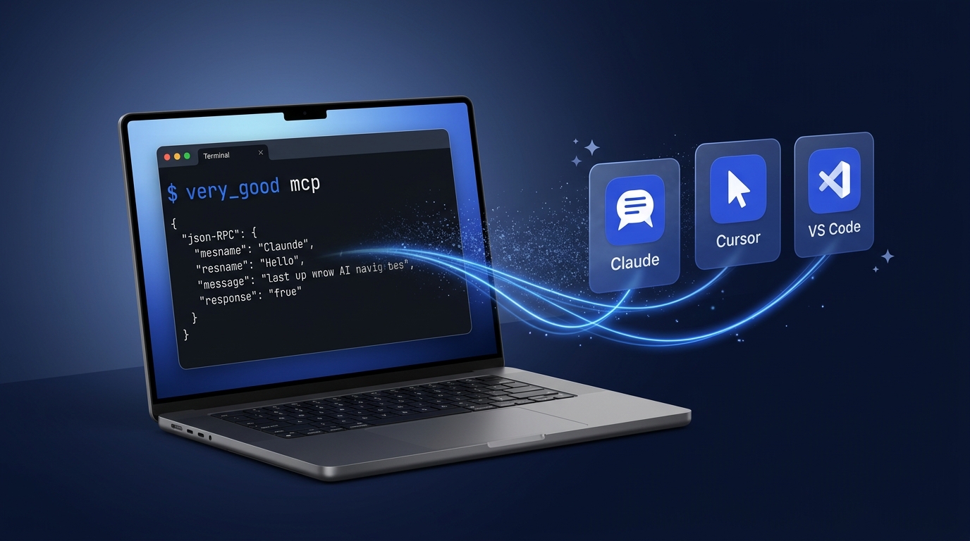 Very Good CLI MCP server terminal displaying the very_good mcp command connecting to Claude Desktop, Cursor, and VS Code — Model Context Protocol Flutter CLI integration