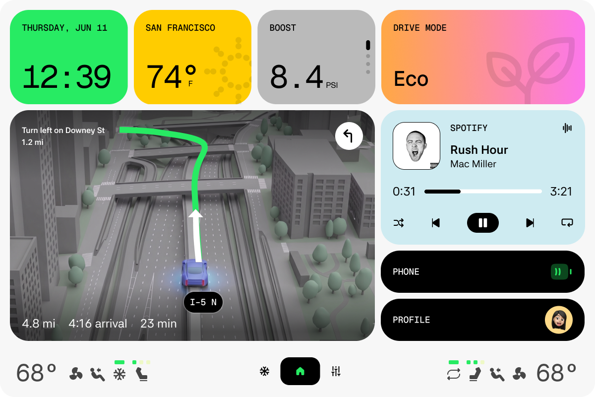 Flutter in-vehicle infotainment interface running on Automotive Grade Linux, built by Very Good Ventures