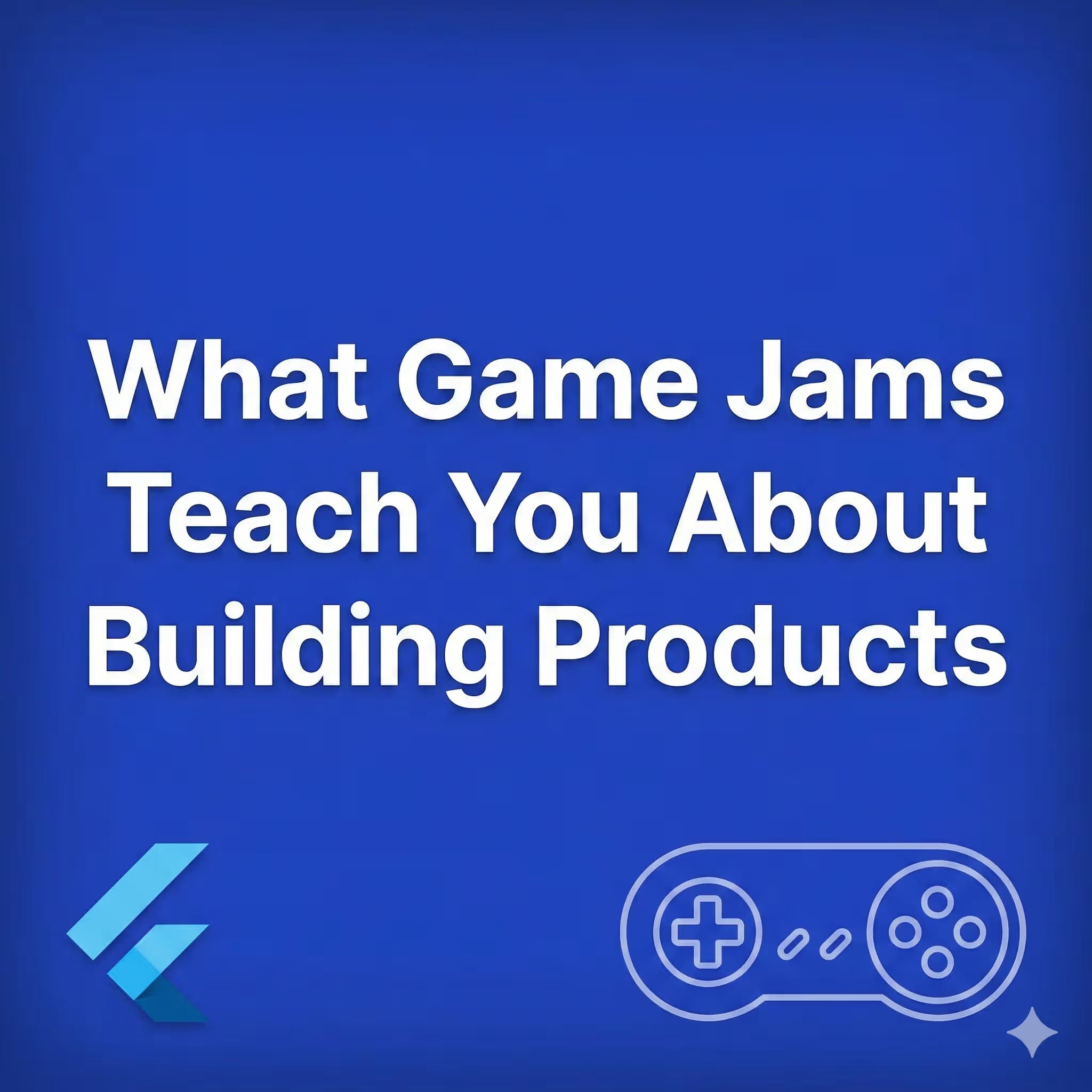 Thumbnail with the Flutter logo, a game controller icon, and the title 'What Game Jams Teach You About Building Products' on a blue gradient background