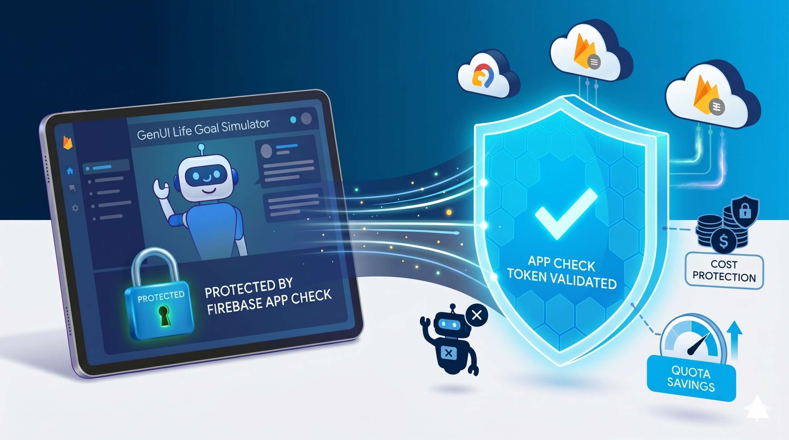 Flutter app labeled as a verified client sending requests through a Firebase App Check token validation shield, blocking an unauthorized bot