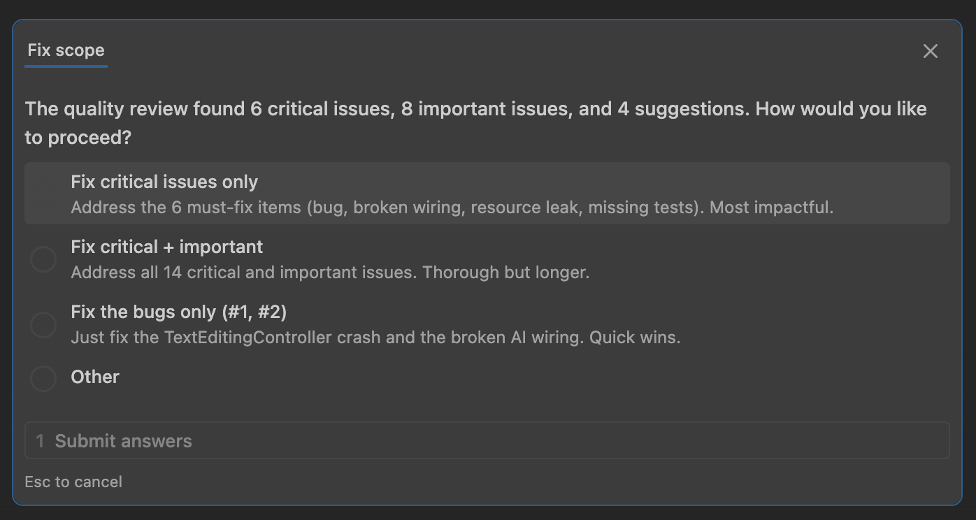 Fix scope dialog showing options for addressing critical issues, all issues, or just bugs