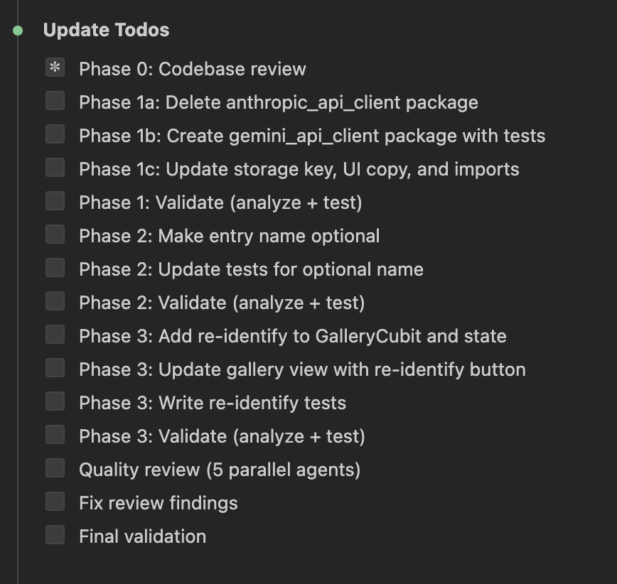 Build phase todo list showing phased tasks with validation checkpoints