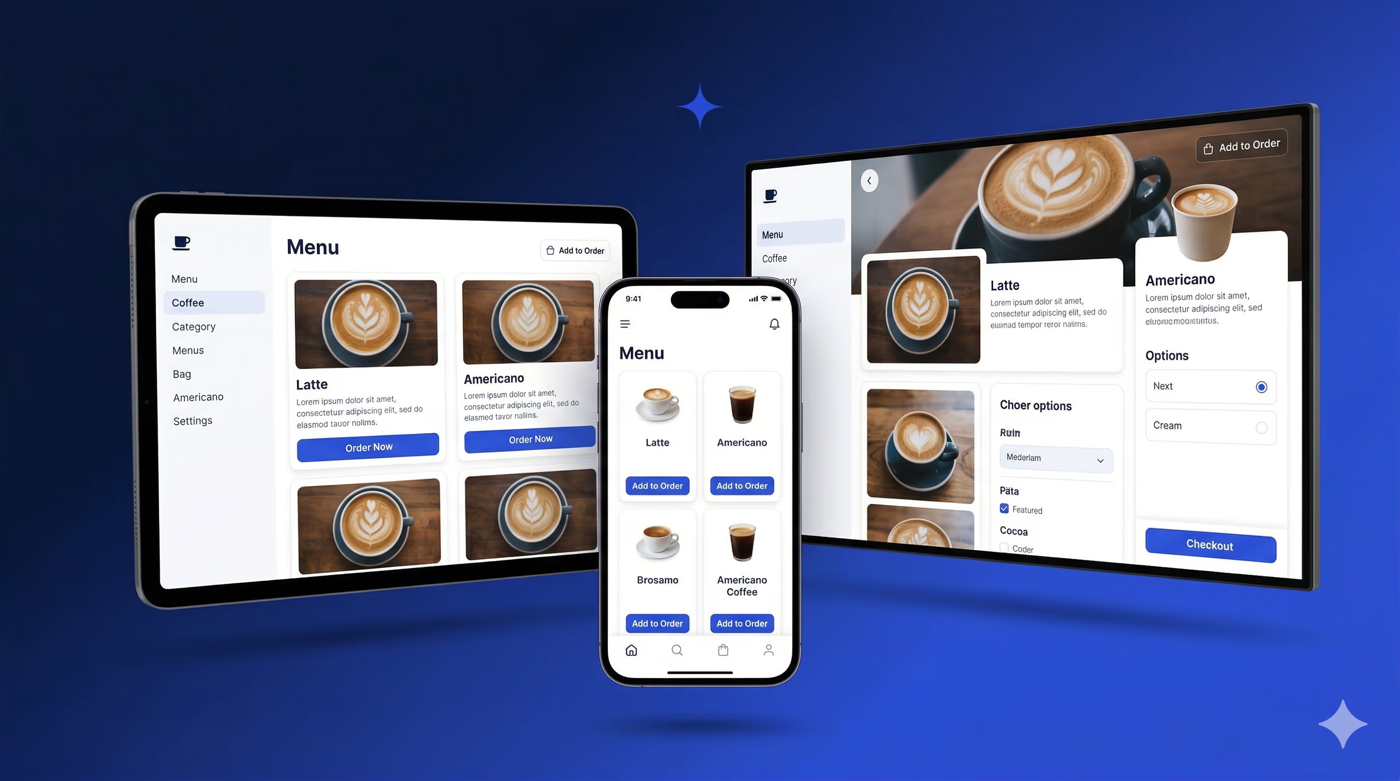 Three Flutter app screens — phone, tablet, and display — showing unified coffee shop UI