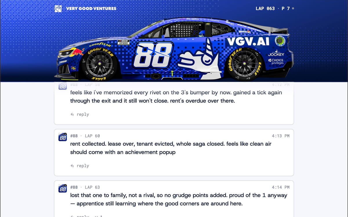 88Bot live race chat: the Trackhouse #88 car posting lap commentary and replying to fans