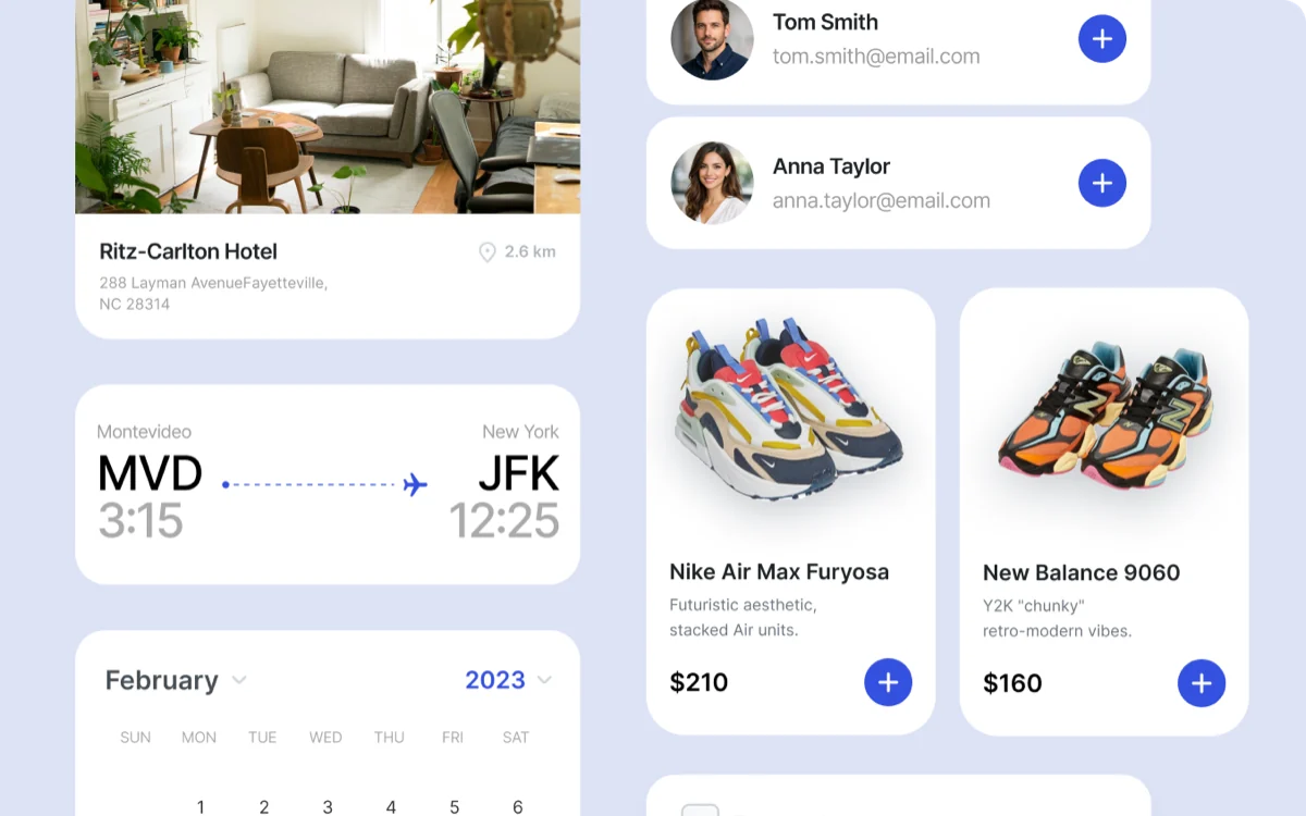Interface components assembled at runtime by VGV's generative UI work: a hotel card, a flight itinerary, a calendar, contact rows, and product cards